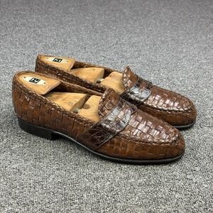 Moreschi Woven Leather Penny Loafers Brown Exotic Trim Italy Men's 9.5 Handmade